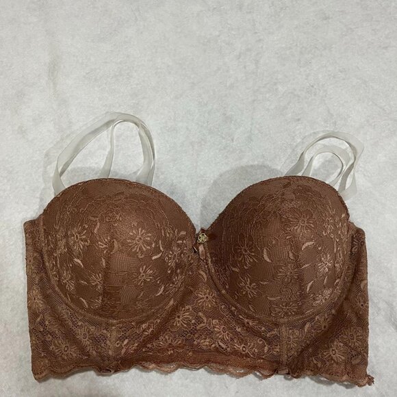 Daisy Fuentes Lace Longline Balconette Bra Strapless Push-Up Mocha 40D - Picture 8 of 16